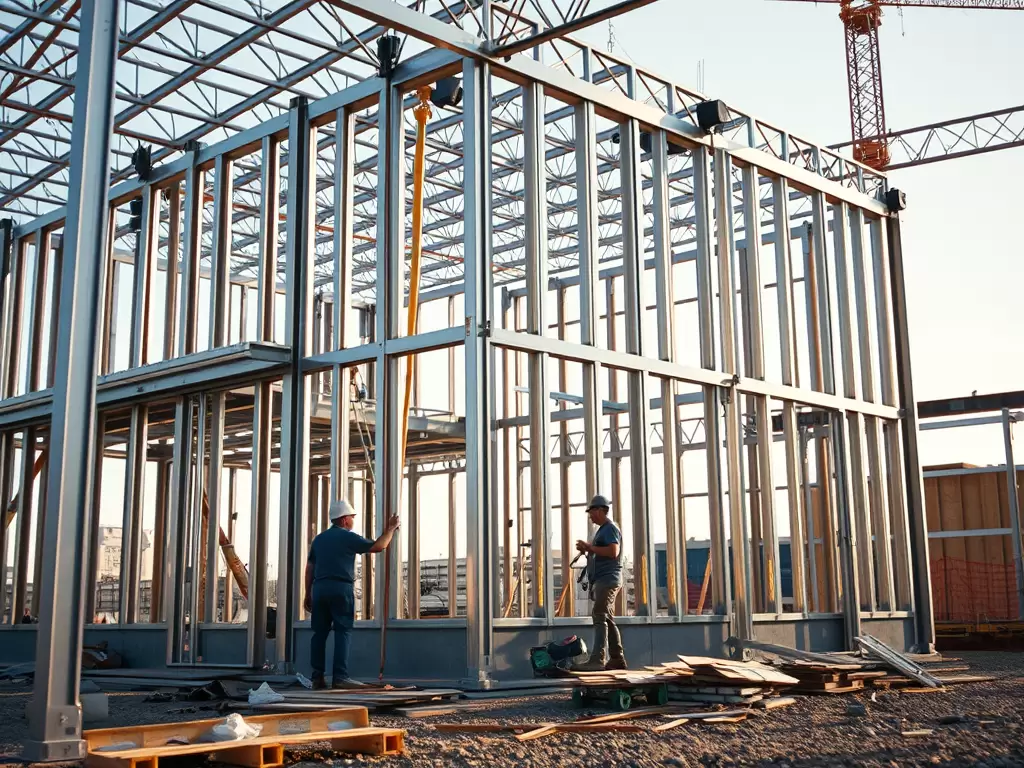 Two builders standing light steel wall frames on a construction site