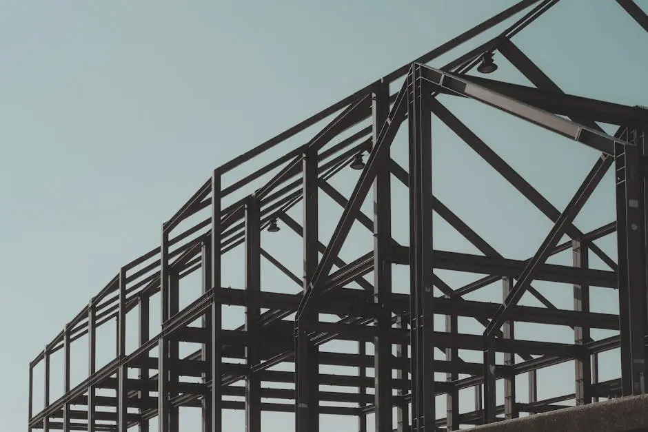Black steel frame wall and roof structure against a pale sky