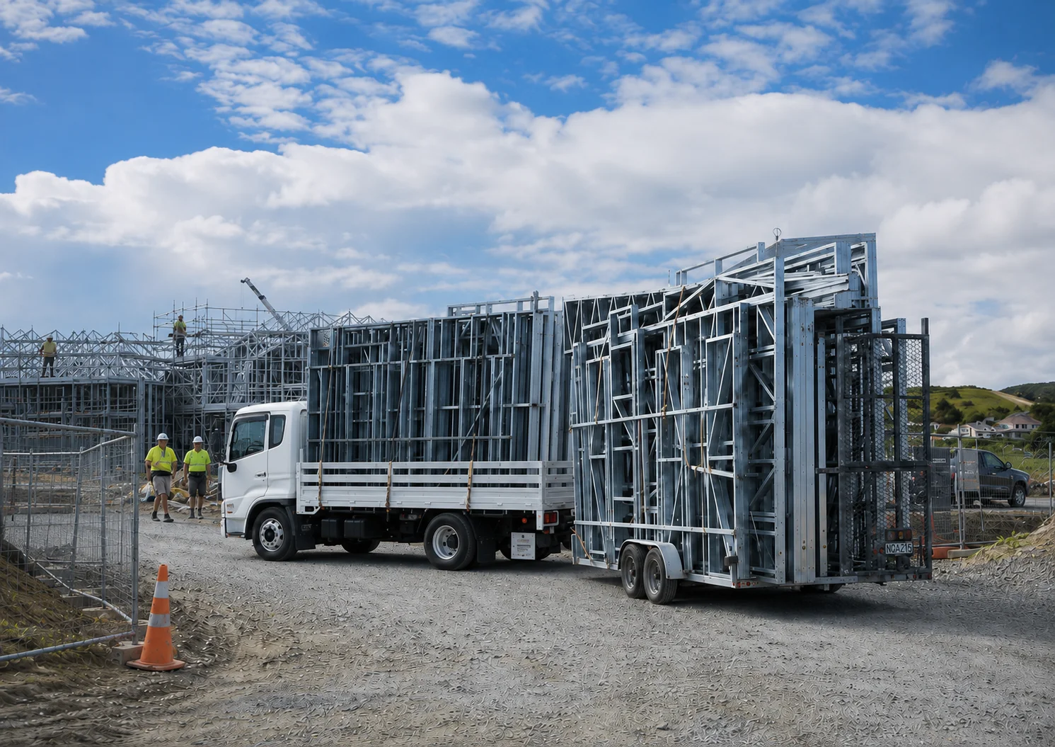 Steel frame kitset building consent - steel frame structure ready for assembly on site in New Zealand